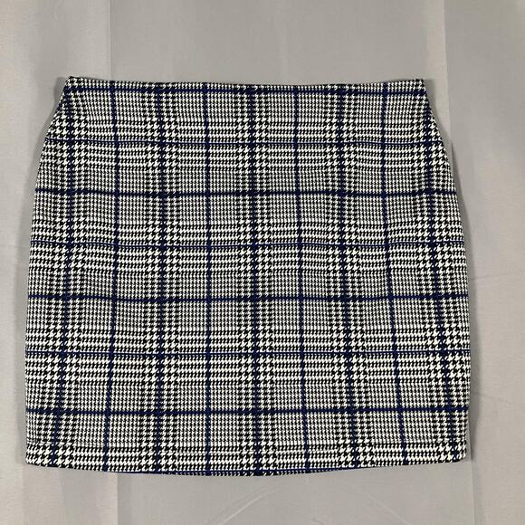 Express Skirt Womens Medium Blue Black White Plaid Houndstooth Pull On Career - Picture 12 of 16